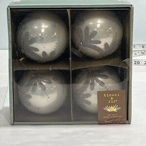 Tinsel & Fir Glass Christmas Ornaments White Silver Glitter Sequin Beaded Set 4